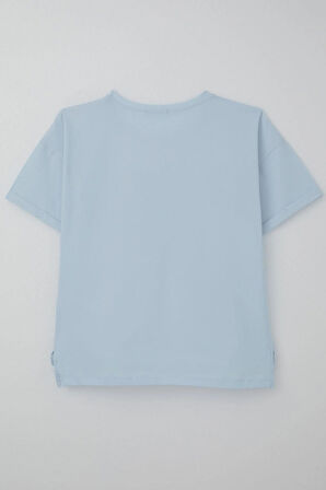 Breeze Kız Çocuk Tişört Taş Aksesuarlı Çiçek Baskılı 9-16 Yaş, Açık Mavi