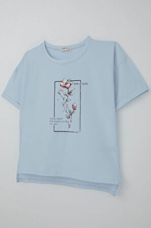 Breeze Kız Çocuk Tişört Taş Aksesuarlı Çiçek Baskılı 9-16 Yaş, Açık Mavi