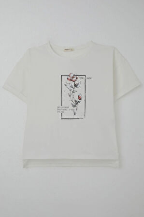 Breeze Kız Çocuk Tişört Taş Aksesuarlı Çiçek Baskılı 9-16 Yaş, Ekru