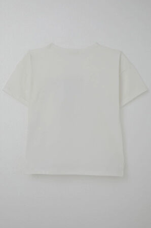 Breeze Kız Çocuk Tişört Taş Aksesuarlı Çiçek Baskılı 9-16 Yaş, Ekru