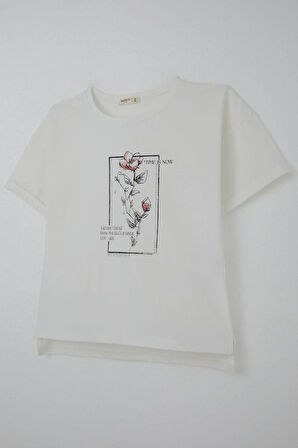Breeze Kız Çocuk Tişört Taş Aksesuarlı Çiçek Baskılı 9-16 Yaş, Ekru