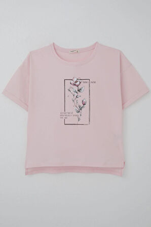 Breeze Kız Çocuk Tişört Taş Aksesuarlı Çiçek Baskılı 9-16 Yaş, Pembe