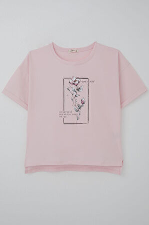 Breeze Kız Çocuk Tişört Taş Aksesuarlı Çiçek Baskılı 9-16 Yaş, Pembe
