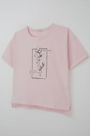Breeze Kız Çocuk Tişört Taş Aksesuarlı Çiçek Baskılı 9-16 Yaş, Pembe