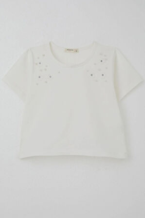 Breeze Kız Çocuk Tişört İnci Detaylıl Çiçek Aksesuarlı 6-12 Yaş, Ekru