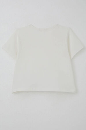 Breeze Kız Çocuk Tişört İnci Detaylıl Çiçek Aksesuarlı 6-12 Yaş, Ekru