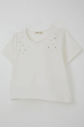 Breeze Kız Çocuk Tişört İnci Detaylıl Çiçek Aksesuarlı 6-12 Yaş, Ekru