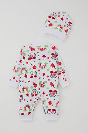 Breeze Kız Bebek Tulum Gökkuşağı Masalı Çiçek Desenli 0-6 Ay, Beyaz