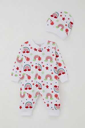 Breeze Kız Bebek Tulum Gökkuşağı Masalı Çiçek Desenli 0-6 Ay, Beyaz
