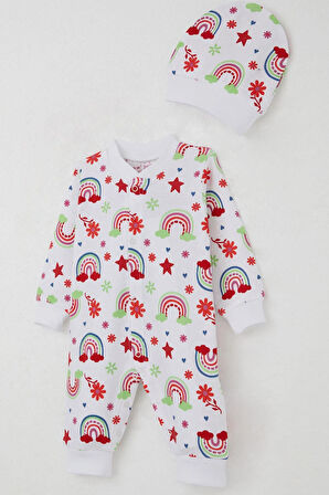 Breeze Kız Bebek Tulum Gökkuşağı Masalı Çiçek Desenli 0-6 Ay, Beyaz