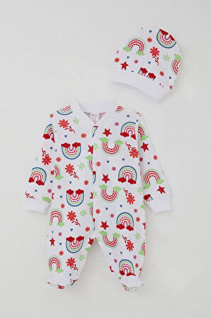 Breeze Kız Bebek Patikli Tulum Gökkuşağı Masalı Çiçek Desenli 0-6 Ay, Beyaz