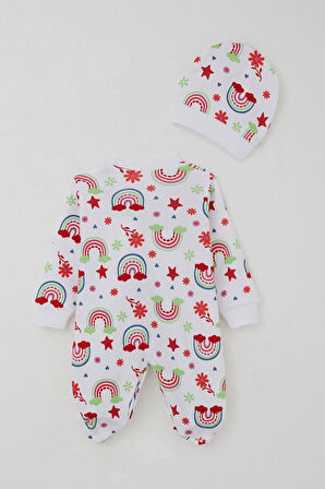 Breeze Kız Bebek Patikli Tulum Gökkuşağı Masalı Çiçek Desenli 0-6 Ay, Beyaz