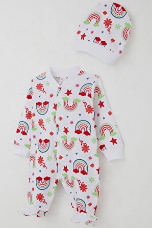 Breeze Kız Bebek Patikli Tulum Gökkuşağı Masalı Çiçek Desenli 0-6 Ay, Beyaz