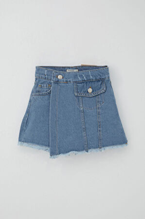 Breeze Kız Çocuk Jean Şort Etek Cep Detaylı Düğmeli Püsküllü 4-10 Yaş, Mavi