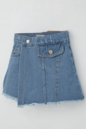 Breeze Kız Çocuk Jean Şort Etek Cep Detaylı Düğmeli Püsküllü 4-10 Yaş, Mavi