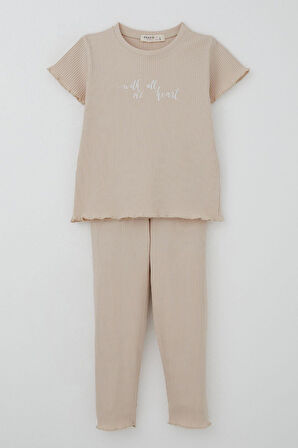 Breeze Kız Çocuk Taytlı Takım Simli Yazı Baskılı 1.5-5 Yaş, Bej