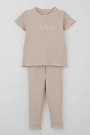 Breeze Kız Çocuk Taytlı Takım Simli Yazı Baskılı 1.5-5 Yaş, Bej