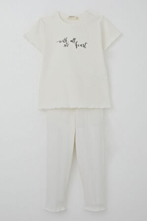 Breeze Kız Çocuk Taytlı Takım Simli Yazı Baskılı 1.5-5 Yaş, Ekru