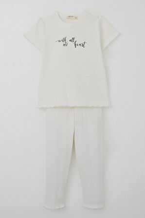 Breeze Kız Çocuk Taytlı Takım Simli Yazı Baskılı 1.5-5 Yaş, Ekru
