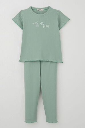 Breeze Kız Çocuk Taytlı Takım Simli Yazı Baskılı 1.5-5 Yaş, Mint Yeşili