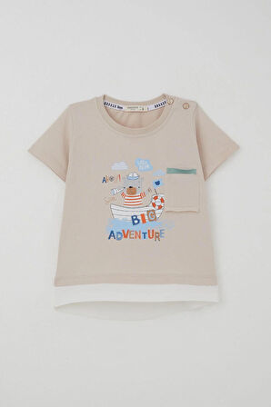 Breeze Erkek Bebek Şortlu Takım Sevimli Kaptan Ayıcık Baskılı Cep Detaylı 9 Ay-3 Yaş, Bej