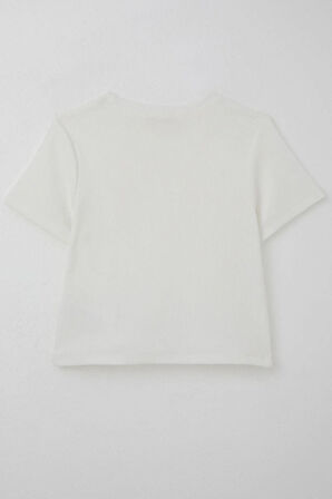 Breeze Kız Çocuk Tişört Çiçek Aksesuarlı İnci Detaylı 9-14 Yaş, Ekru