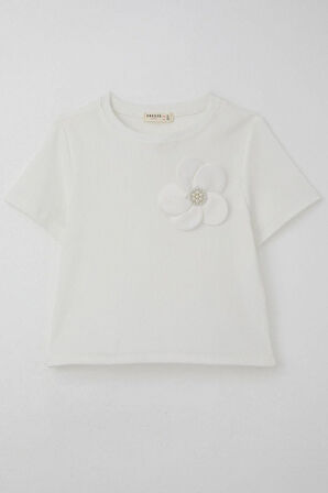 Breeze Kız Çocuk Tişört Çiçek Aksesuarlı İnci Detaylı 9-14 Yaş, Ekru