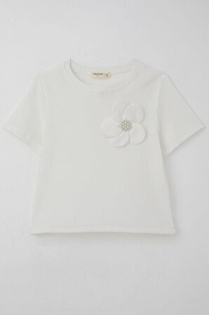 Breeze Kız Çocuk Tişört Çiçek Aksesuarlı İnci Detaylı 9-14 Yaş, Ekru