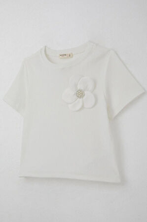 Breeze Kız Çocuk Tişört Çiçek Aksesuarlı İnci Detaylı 9-14 Yaş, Ekru