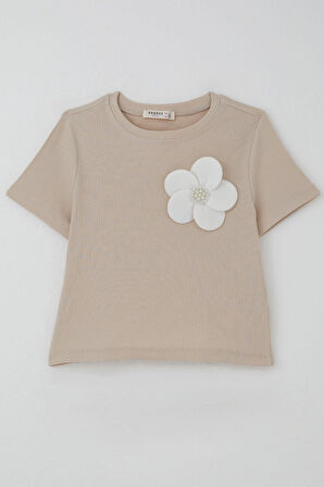 Breeze Kız Çocuk Tişört Çiçek Aksesuarlı İnci Detaylı 9-14 Yaş, Bej
