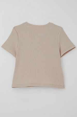 Breeze Kız Çocuk Tişört Çiçek Aksesuarlı İnci Detaylı 9-14 Yaş, Bej