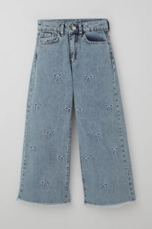 Breeze Kız Çocuk Jean Pantolon Fiyonk Nakışlı Paça Kısmı Püskül Detaylı 8-12 Yaş, Açık Mavi