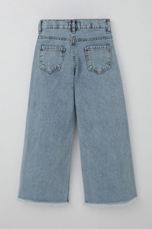Breeze Kız Çocuk Jean Pantolon Fiyonk Nakışlı Paça Kısmı Püskül Detaylı 8-12 Yaş, Açık Mavi