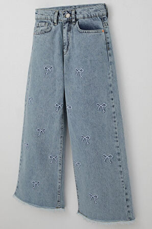 Breeze Kız Çocuk Jean Pantolon Fiyonk Nakışlı Paça Kısmı Püskül Detaylı 8-12 Yaş, Açık Mavi