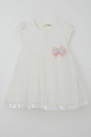 Breeze Kız Çocuk Elbise Tüllü Simli Fiyonk Aksesuarlı 2-6 Yaş, Ekru