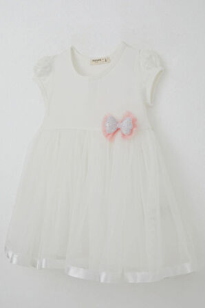 Breeze Kız Çocuk Elbise Tüllü Simli Fiyonk Aksesuarlı 2-6 Yaş, Ekru
