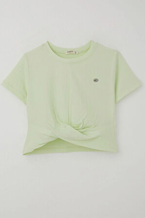 Breeze Kız Çocuk Tişört Armalı Göbek Kısmı Dekolte Detaylı 9-16 Yaş, Su Yeşili