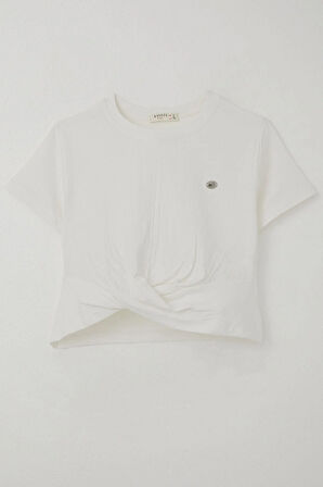 Breeze Kız Çocuk Tişört Armalı Göbek Kısmı Dekolte Detaylı 9-16 Yaş, Ekru