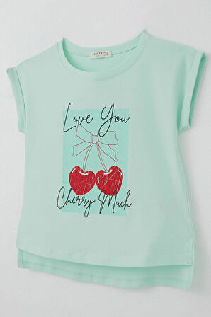 Breeze Kız Çocuk Tişört Sevgi Temalı Kalp Fiyonk Baskılı 10-16 Yaş, Su Yeşili