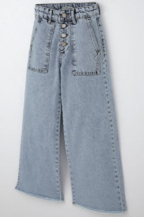 Breeze Kız Çocuk Jean Pantolon Geniş Paça Düğmeli Paçası Püskül Detaylı 10-14 Yaş, Açık Mavi