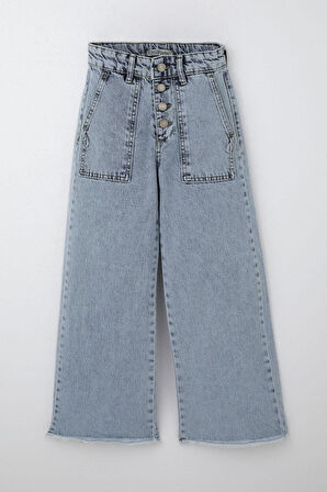 Breeze Kız Çocuk Jean Pantolon Geniş Paça Düğmeli Paçası Püskül Detaylı 10-14 Yaş, Açık Mavi