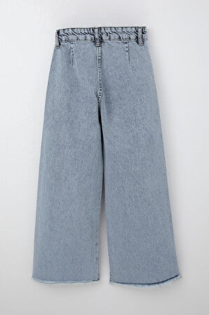Breeze Kız Çocuk Jean Pantolon Geniş Paça Düğmeli Paçası Püskül Detaylı 10-14 Yaş, Açık Mavi