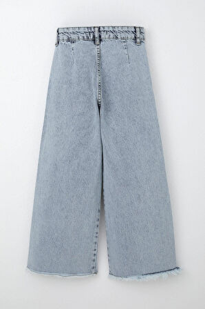 Breeze Kız Çocuk Jean Pantolon Geniş Paça Düğmeli Paçası Püskül Detaylı 5-9 Yaş, Açık Mavi