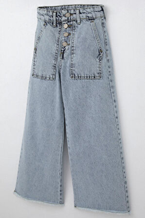 Breeze Kız Çocuk Jean Pantolon Geniş Paça Düğmeli Paçası Püskül Detaylı 5-9 Yaş, Açık Mavi