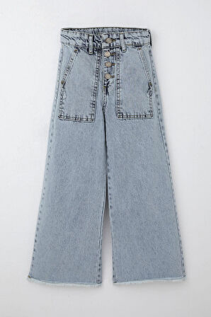 Breeze Kız Çocuk Jean Pantolon Geniş Paça Düğmeli Paçası Püskül Detaylı 5-9 Yaş, Açık Mavi