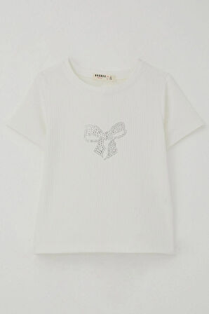 Breeze Kız Çocuk Tişört Taşlı Fiyonk Baskılı 8-14 Yaş, Ekru