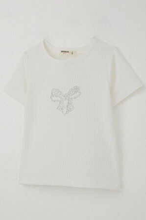 Breeze Kız Çocuk Tişört Taşlı Fiyonk Baskılı 8-14 Yaş, Ekru