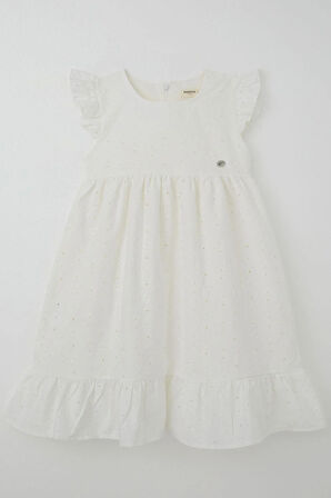 Breeze Kız Çocuk Elbise Çiçek Nakışlı Arma Detaylı 4-9 Yaş, Ekru