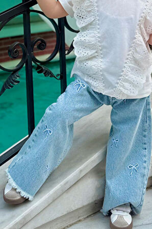 Breeze Kız Çocuk Jean Pantolon Fiyonk Nakışlı Paça Kısmı Püskül Detaylı 3-7 Yaş, Açık Mavi