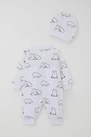 Breeze Erkek Bebek Tulum Sevimli Kutup Ayıcığı Desenli 0-6 Ay, Beyaz